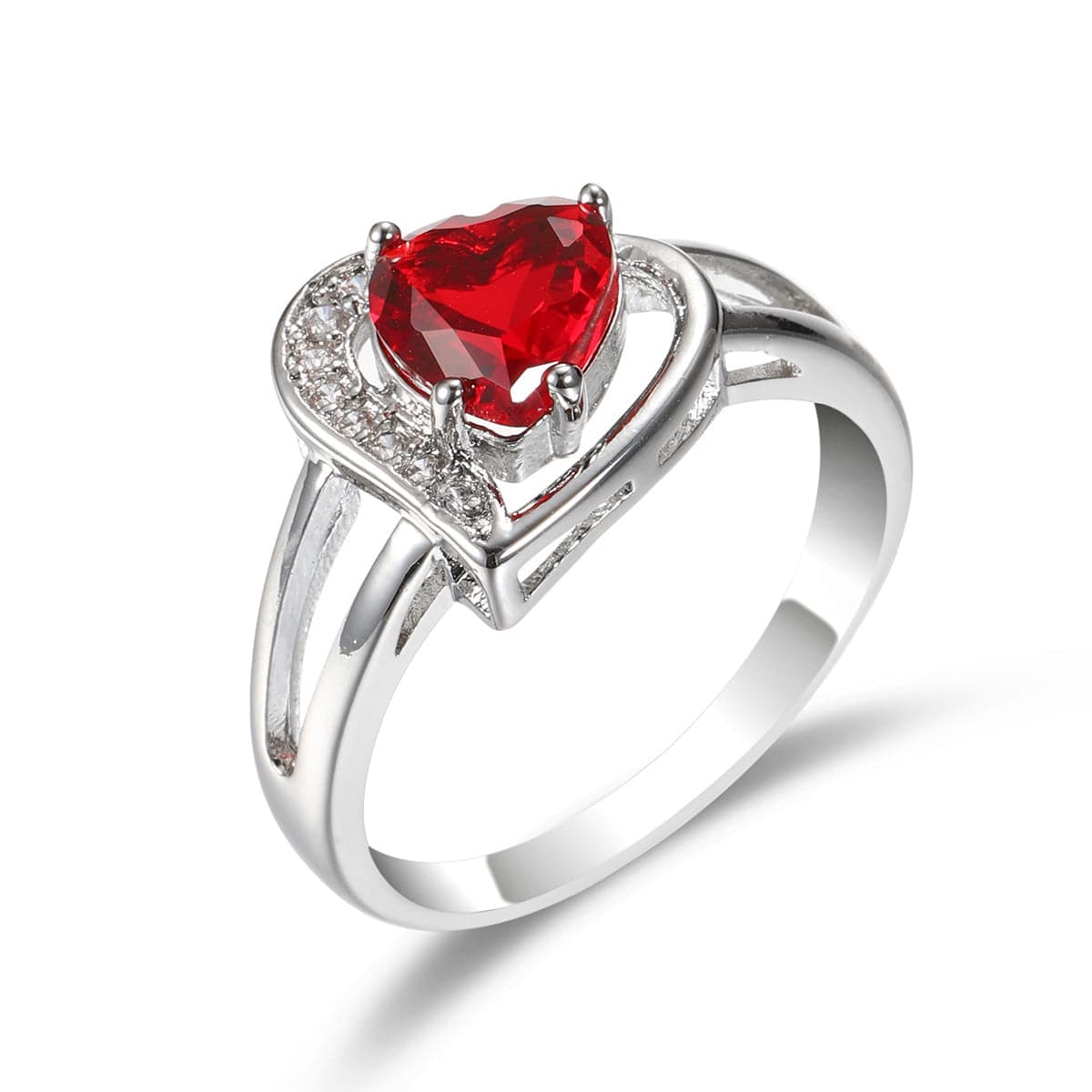 Red Crystal and Cubic Zirconia Heart Asymmetrical Ring, statement rings for women, everyday style, front view