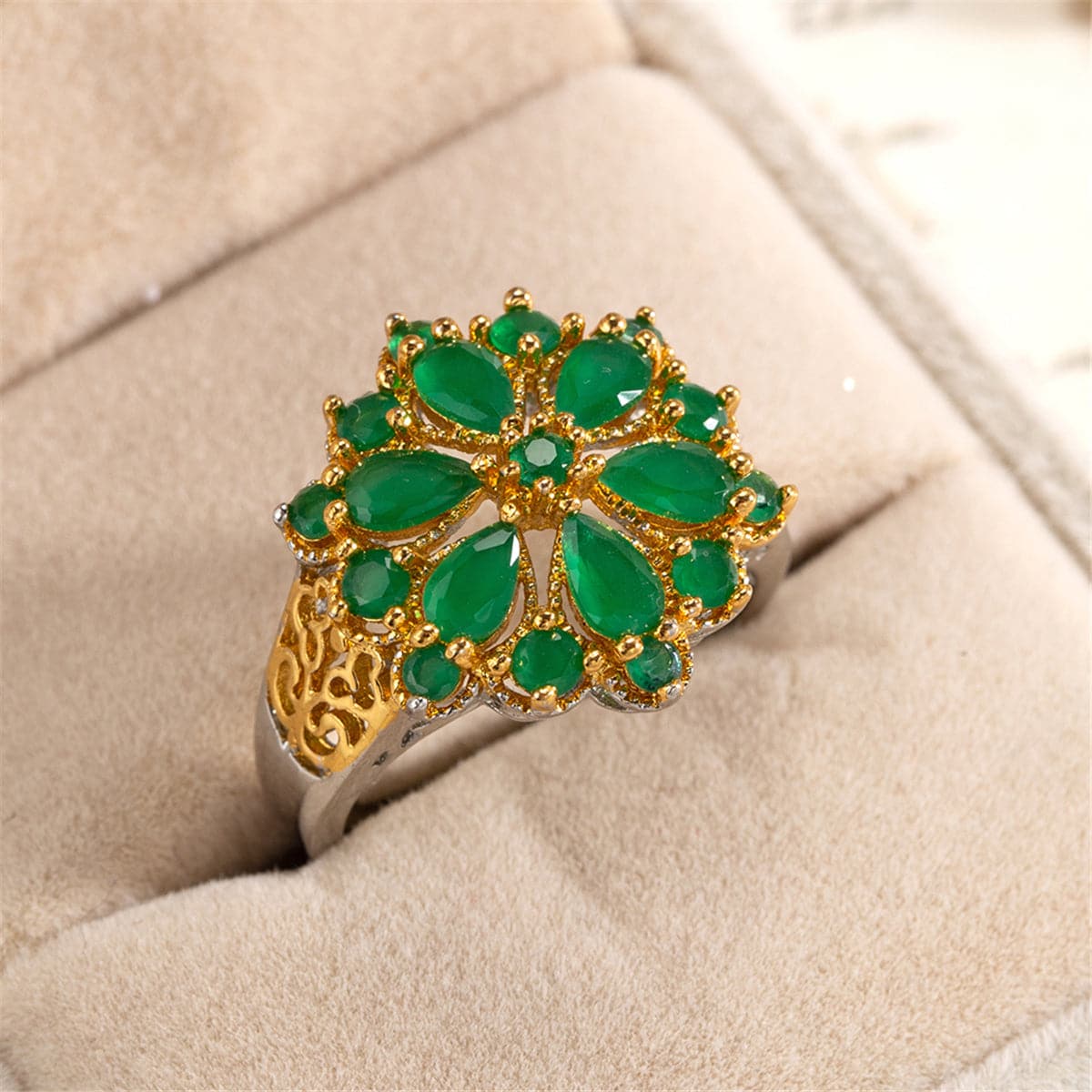 Green Crystal and 18K Gold-Plated Flower Ring, gold statement rings for women, dainty minimalist design, front view