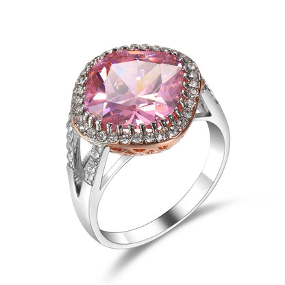 Pink Crystal and Two Tone Cushion-Cut Halo Ring, statement rings for women, botanical inspired, front view
