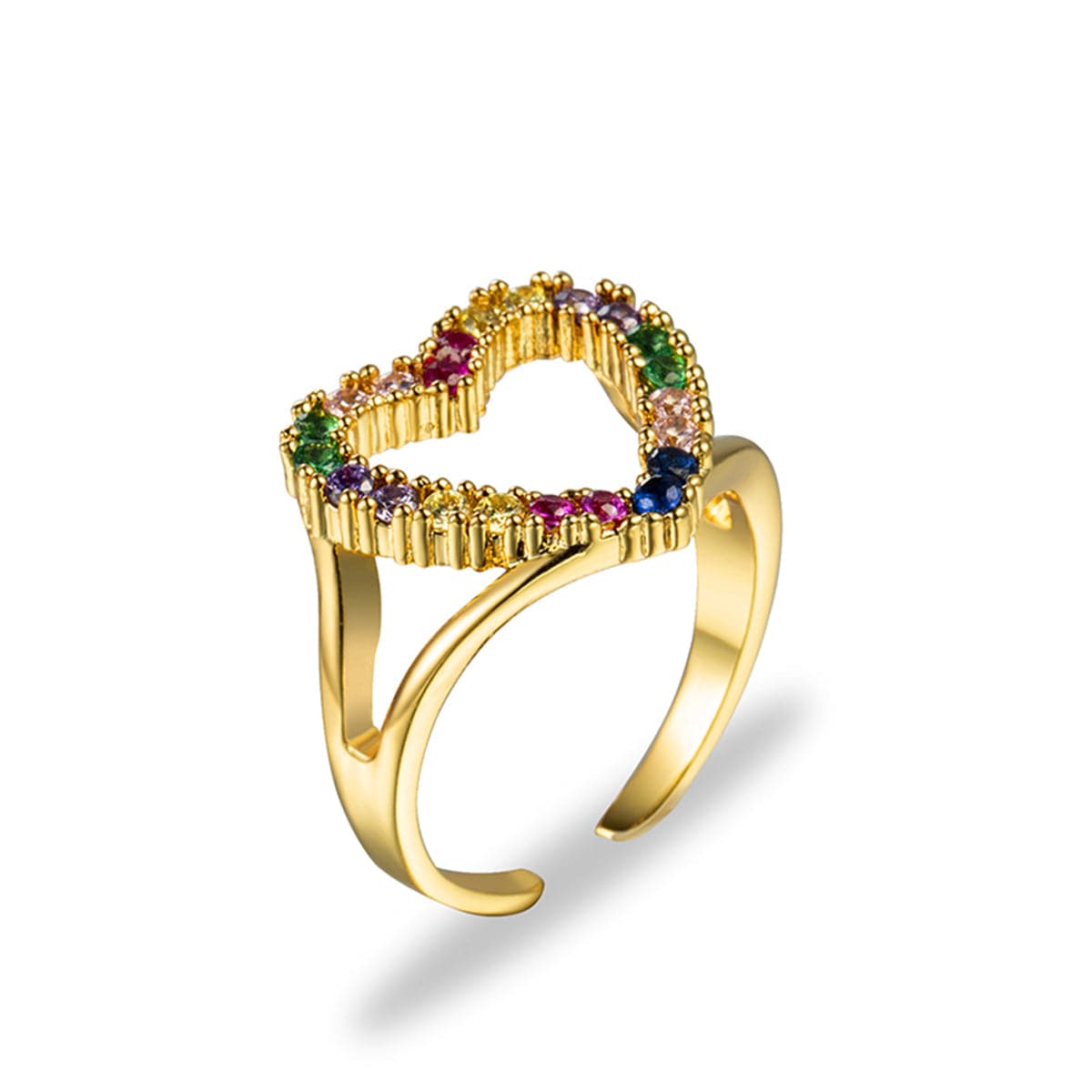 Cubic Zirconia and 18K Gold-Plated Open Heart Ring, gold statement rings for women, botanical inspired, front view