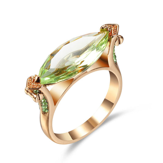 Green Crystal and Cubic Zirconia Marquise Ring, statement rings for women, vintage-inspired design, front view
