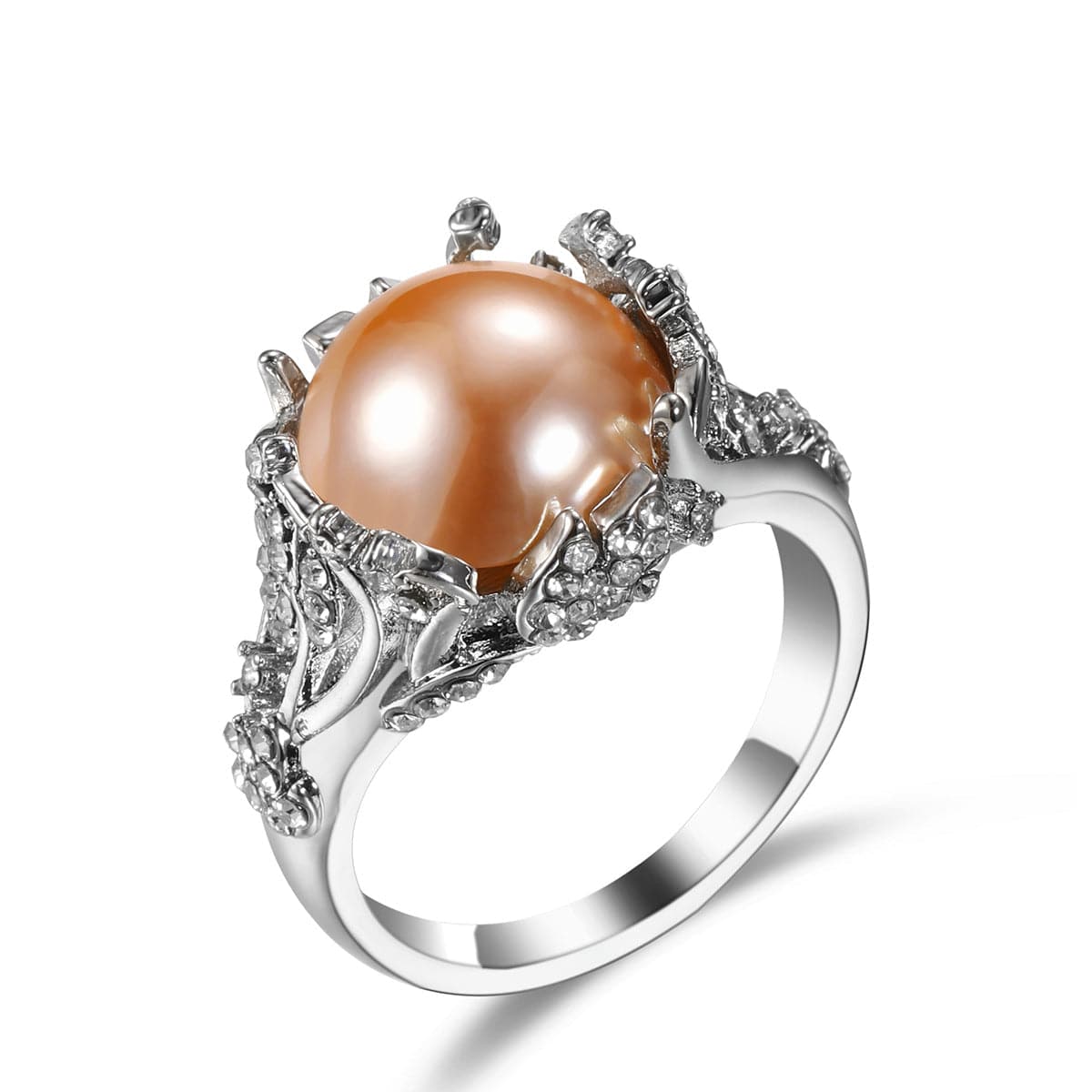 Champagne Pearl and Cubic Zirconia Silver-Plated Floral Botany Ring, jewelry gift sets for women, front view