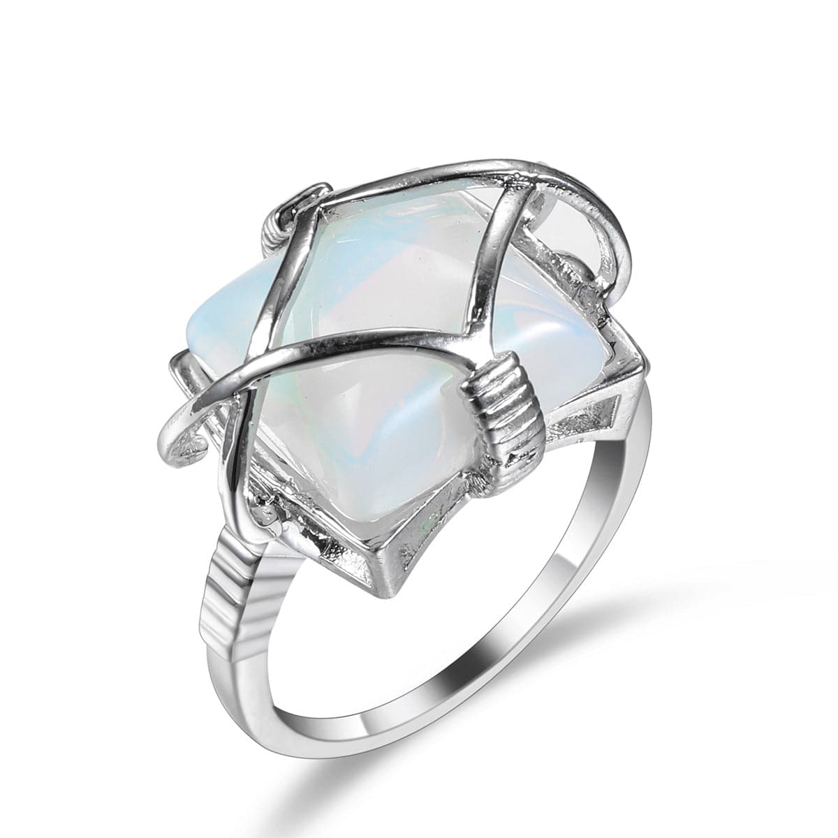 Quartz and Silver-Plated Wire-Wrapped Ring, silver statement rings for women, botanical inspired, front view