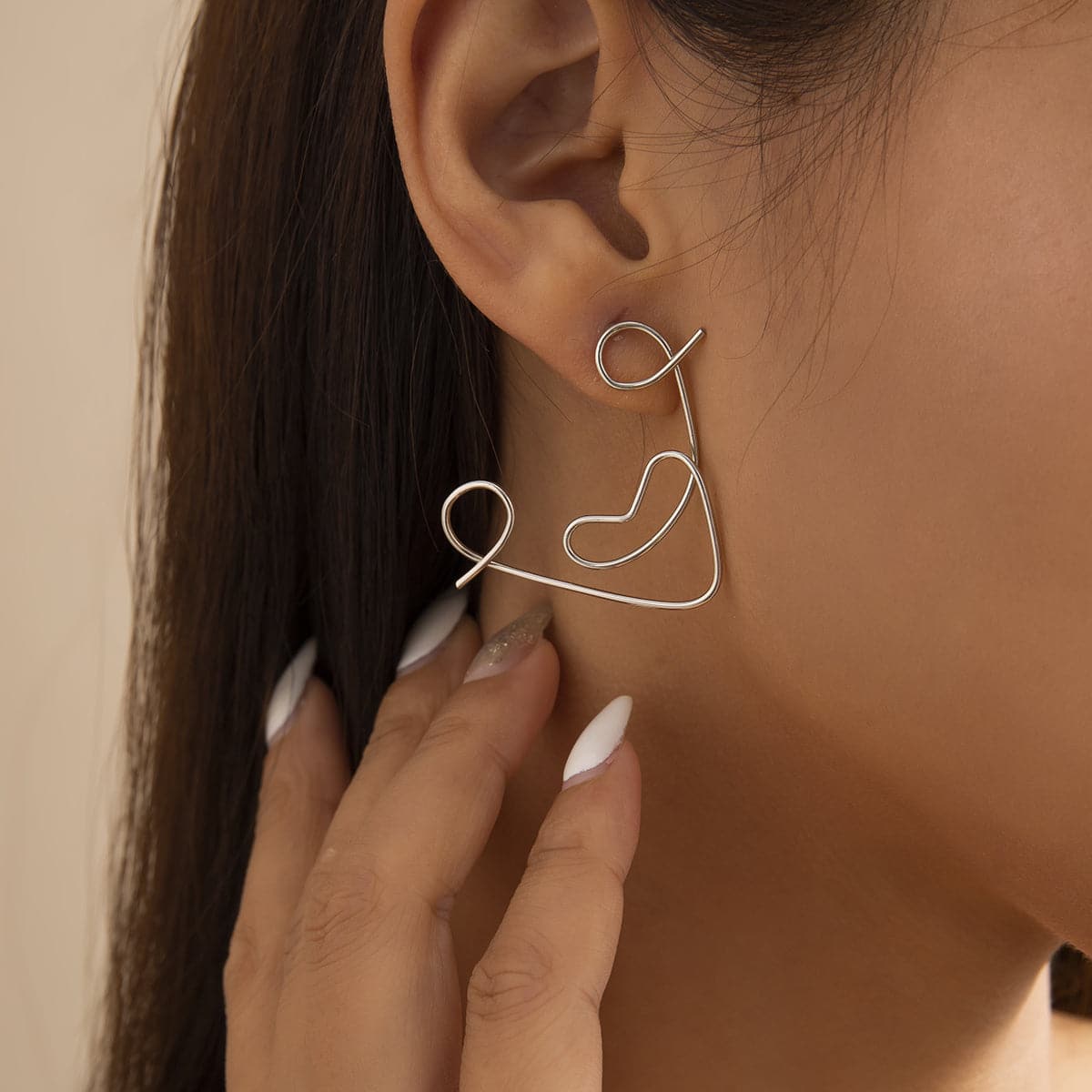 Silver-Plated Abstract Face Open-Triangle Drop Earrings