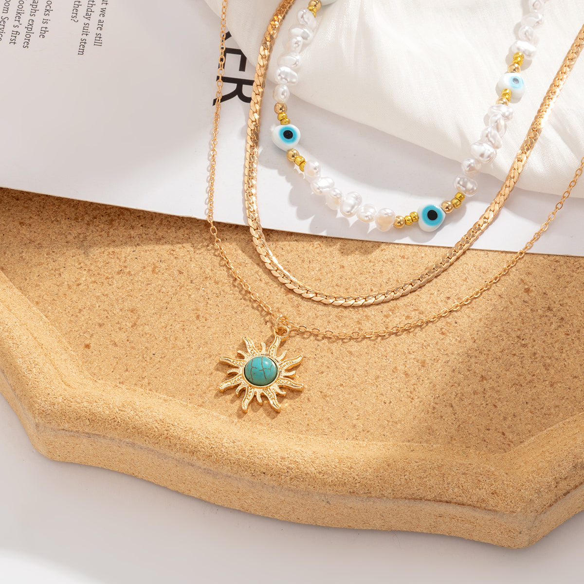 Turquoise and Pearl Sun Necklace Set, jewelry gift sets for women, dainty minimalist design, side view