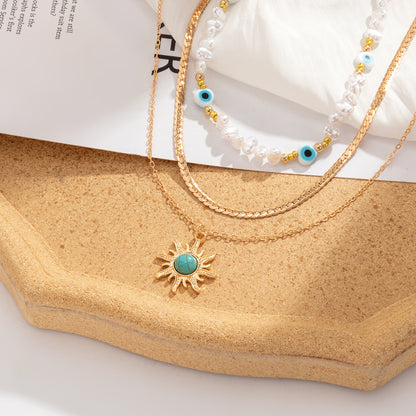 Turquoise and Pearl Sun Necklace Set, jewelry gift sets for women, dainty minimalist design, side view