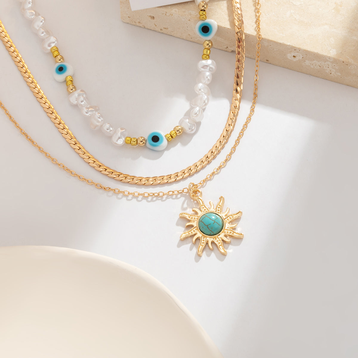 Turquoise and Pearl Sun Necklace Set, jewelry gift sets for women, dainty minimalist design, detail close-up