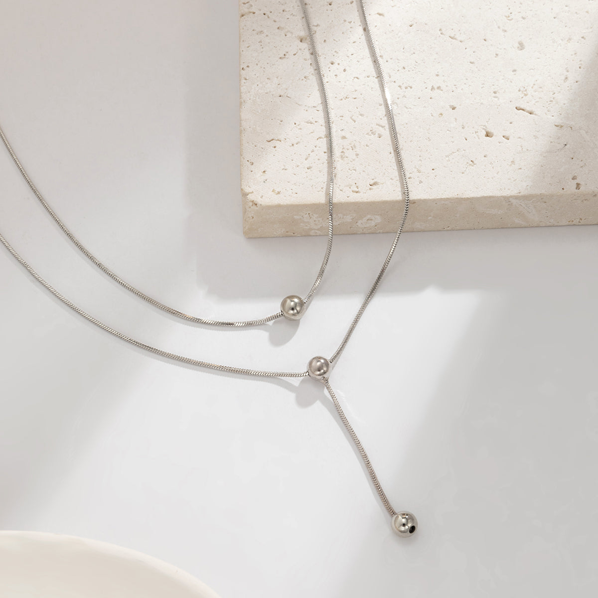 Silver-Plated Bead Lariat Necklace Set, jewelry gift sets for women, dainty minimalist design, detail close-up