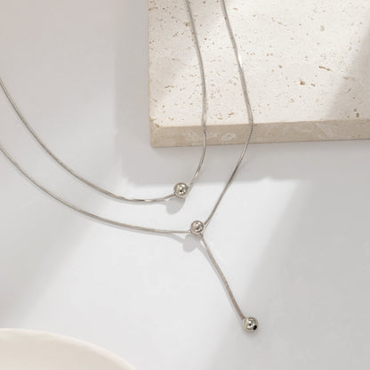 Silver-Plated Bead Lariat Necklace Set, jewelry gift sets for women, dainty minimalist design, detail close-up
