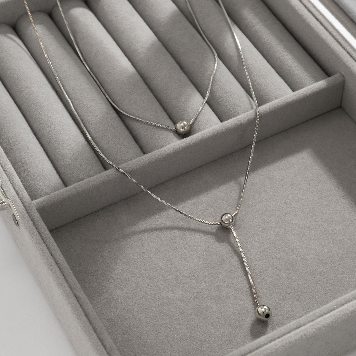 Silver-Plated Bead Lariat Necklace Set, jewelry gift sets for women, dainty minimalist design, lifestyle look