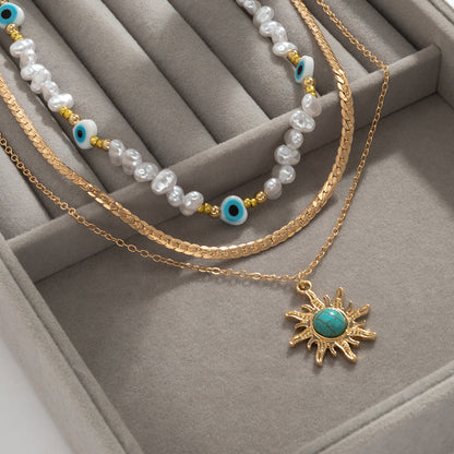Turquoise and Pearl Sun Necklace Set, jewelry gift sets for women, dainty minimalist design, lifestyle look