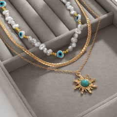 Turquoise & Pearl Sun Necklace Set