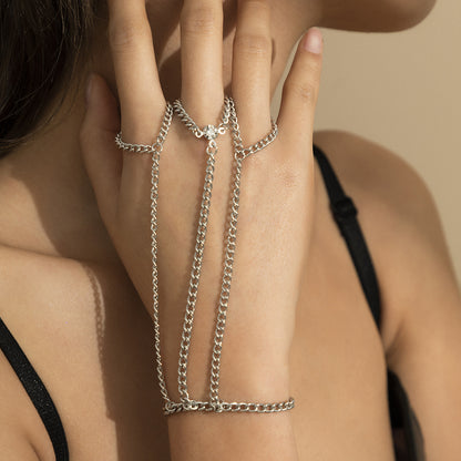 Cubic Zirconia and Silver-Plated Thin Tri-Ring Wrist-To-Ring Bracelet, silver bracelet for women, detail close-up