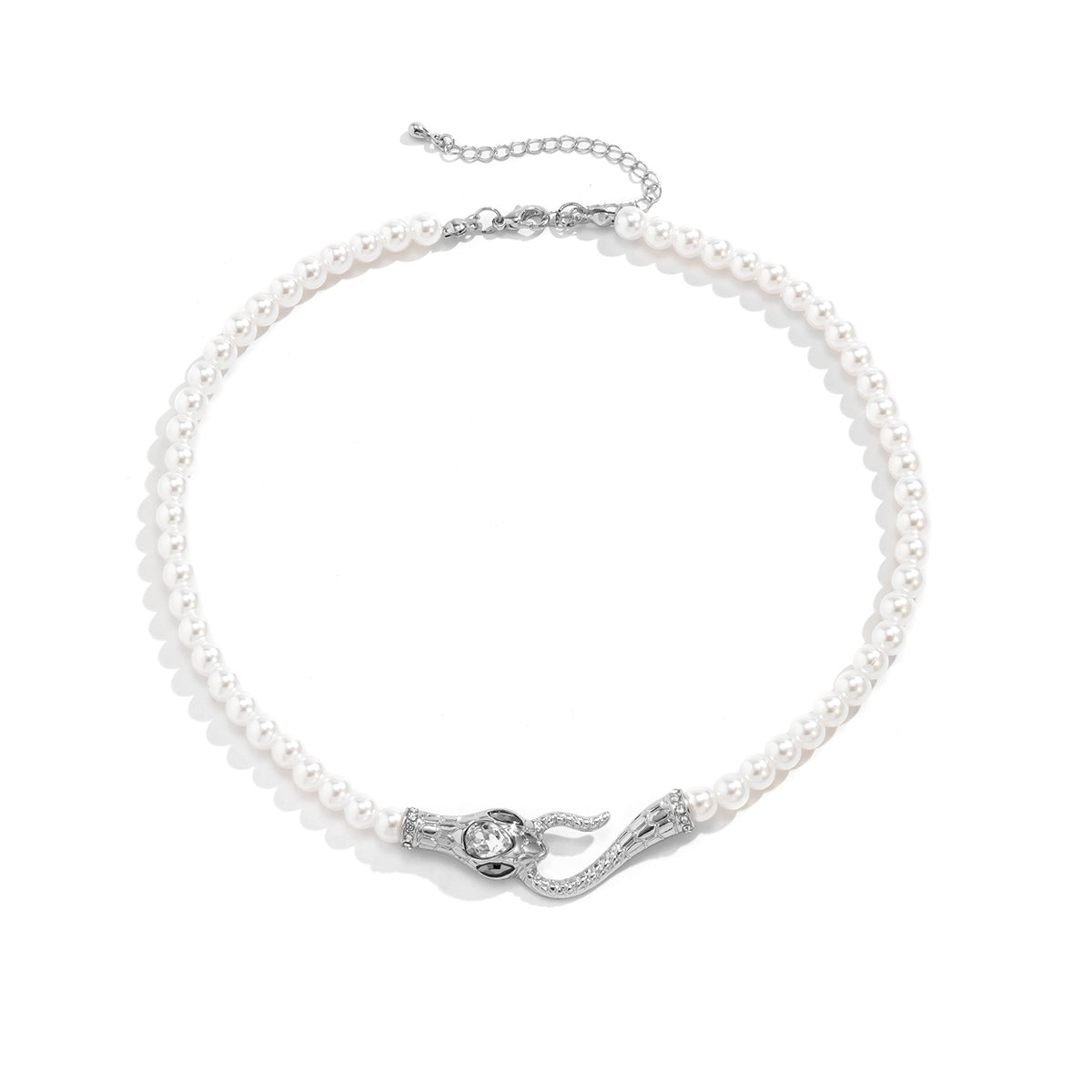 Crystal and Pearl Silver-Plated Snake Necklace, chunky silver choker necklace, everyday style, side view