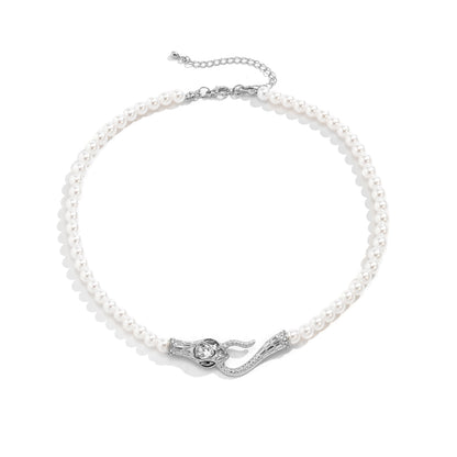 Crystal and Pearl Silver-Plated Snake Necklace, chunky silver choker necklace, everyday style, side view