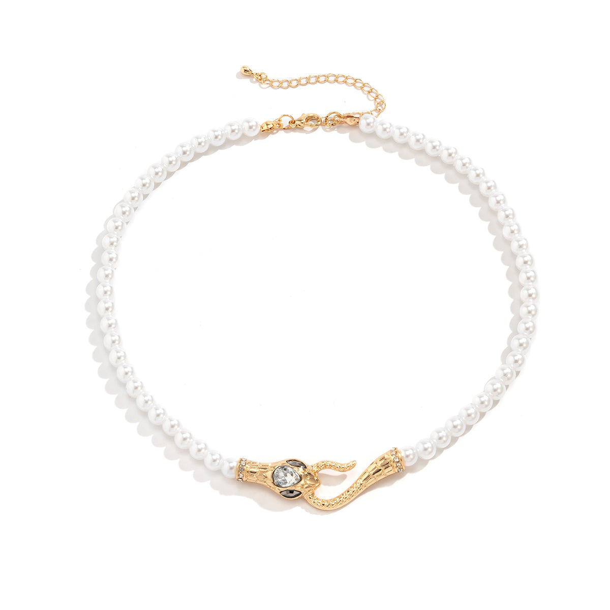 Crystal and Pearl 18K Gold-Plated Snake Necklace, chunky gold choker necklace, everyday style, side view