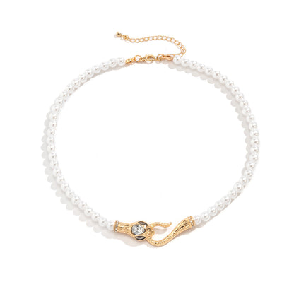 Crystal and Pearl 18K Gold-Plated Snake Necklace, chunky gold choker necklace, everyday style, side view