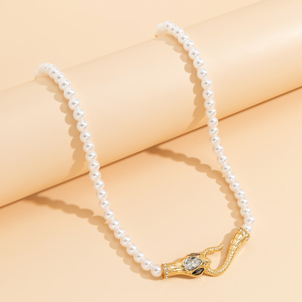 Crystal and Pearl 18K Gold-Plated Snake Necklace, chunky gold choker necklace, everyday style, detail close-up