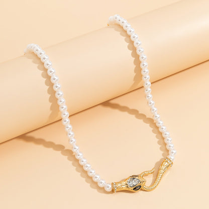 Crystal and Pearl 18K Gold-Plated Snake Necklace, chunky gold choker necklace, everyday style, detail close-up