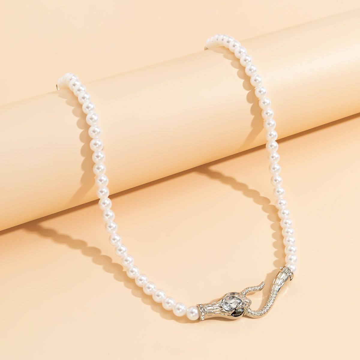 Crystal and Pearl Silver-Plated Snake Necklace, chunky silver choker necklace, everyday style, detail close-up