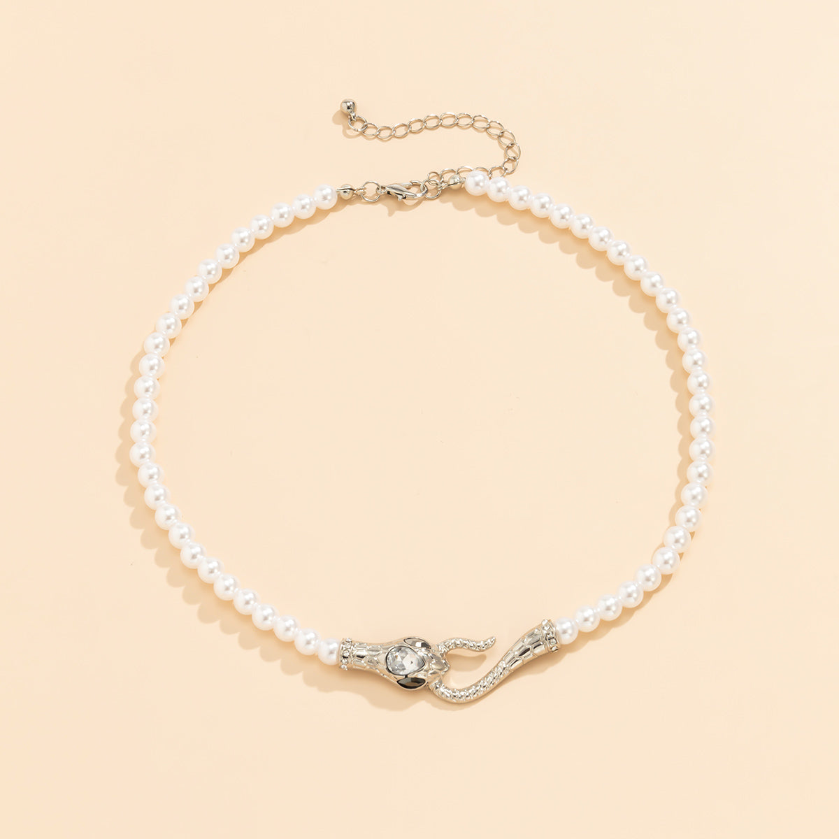 Crystal and Pearl Silver-Plated Snake Necklace, chunky silver choker necklace, everyday style, lifestyle look