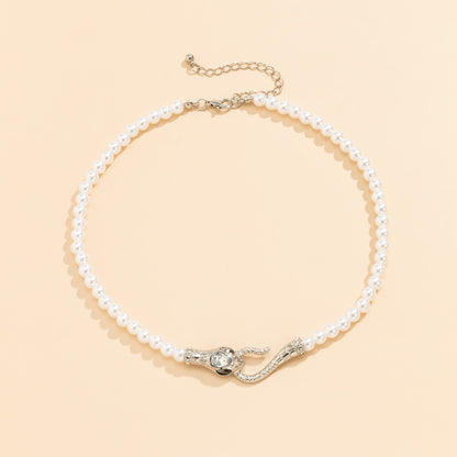 Crystal and Pearl Silver-Plated Snake Necklace, chunky silver choker necklace, everyday style, lifestyle look
