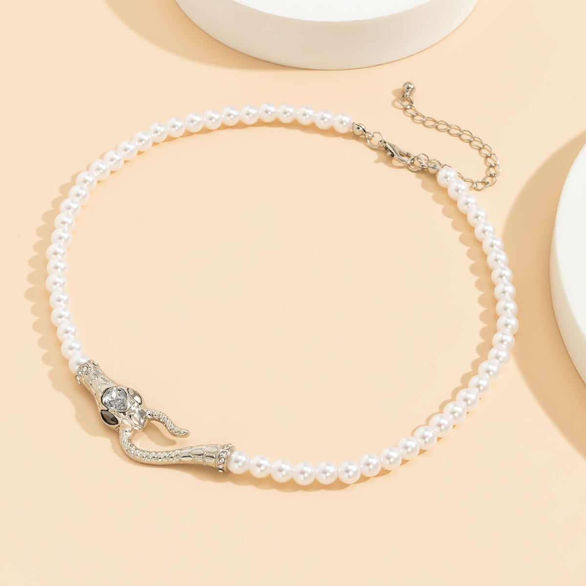 Crystal and Pearl Silver-Plated Snake Necklace, chunky silver choker necklace, everyday style, styled look
