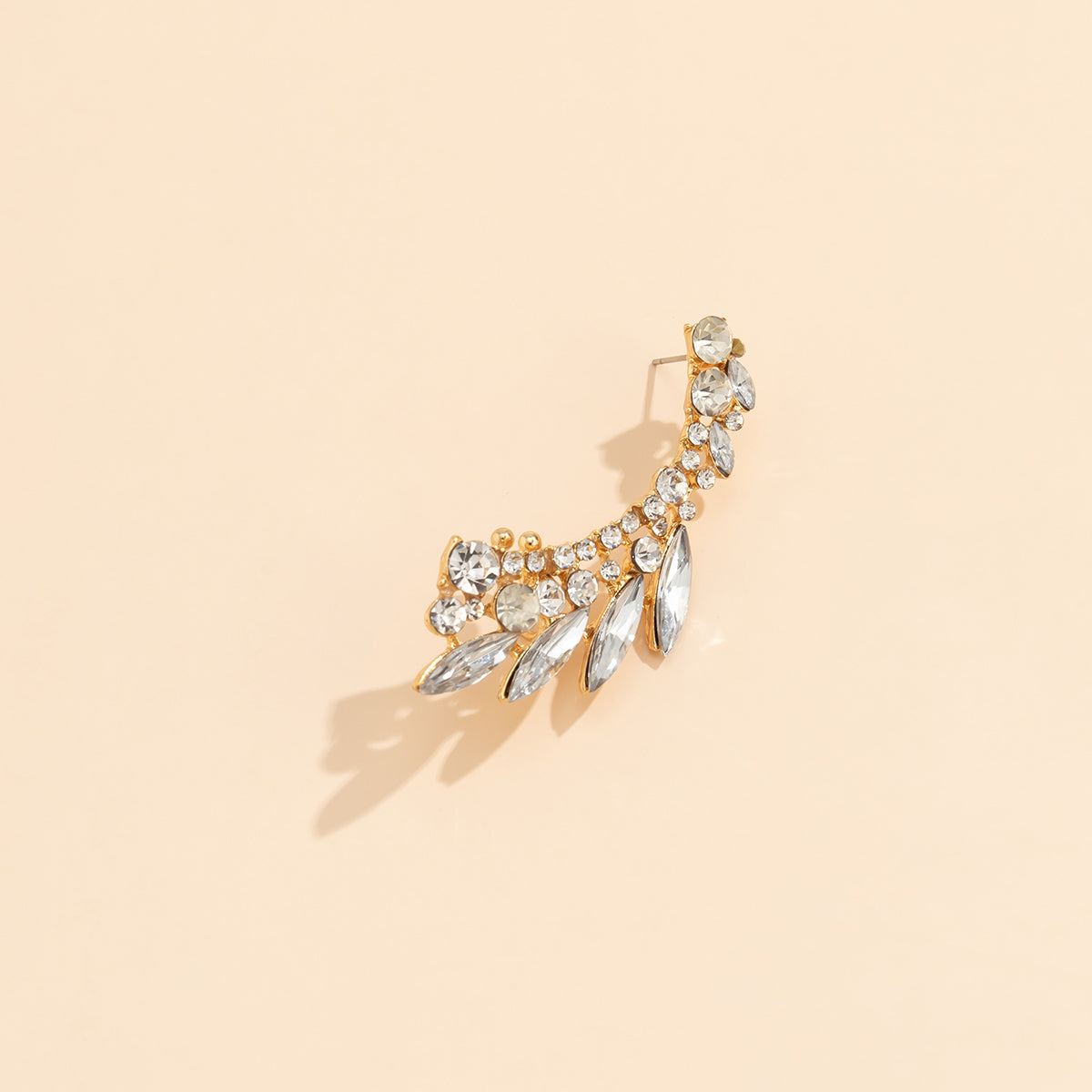 Crystal and Cubic Zirconia 18K Gold-Plated Wheat Ear Climber, gold stud earrings for women, detail close-up