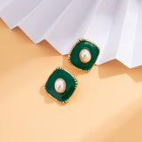 Green Enamel & Pearl 18k Gold-Plated Rhombus Stud Earrings