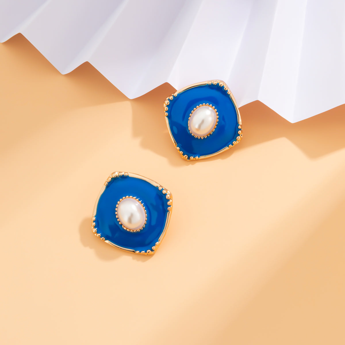 Blue Enamel & Pearl 18K Gold-Plated Rhombus Stud Earrings