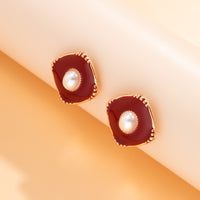 Red Enamel & Pearl 18k Gold-Plated Rhombus Stud Earrings