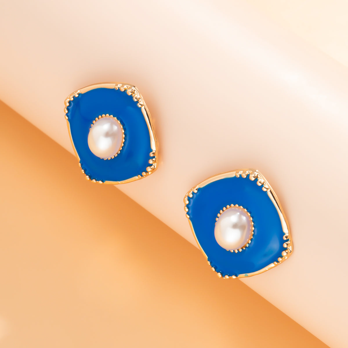 Blue Enamel & Pearl 18K Gold-Plated Rhombus Stud Earrings