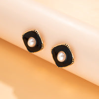 Black Enamel & Pearl 18k Gold-Plated Rhombus Stud Earrings
