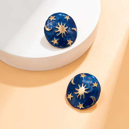 Blue Enamel and 18K Gold-Plated Celestial Oval Stud Earrings, gold stud earrings for women, detail close-up
