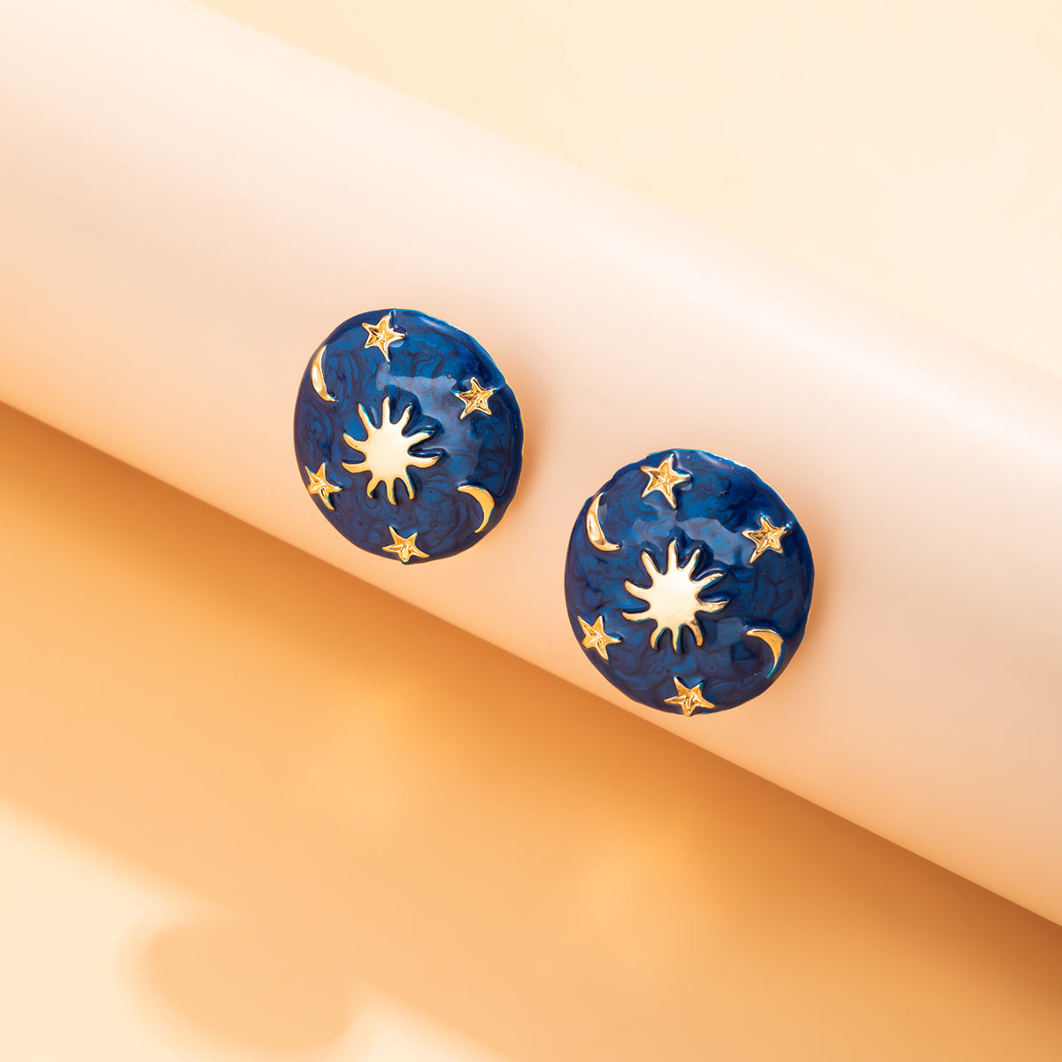Blue Enamel and 18K Gold-Plated Celestial Oval Stud Earrings, gold stud earrings for women, elegant gift for her, front view