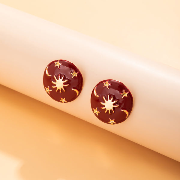 Red Enamel & 18k Gold-Plated Celestial Oval Stud Earrings