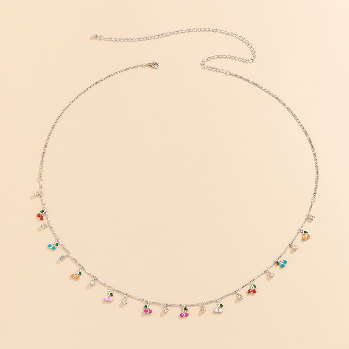 Cubic Zirconia & Enamel Silver-Plated Cherry Charm Waist Chain