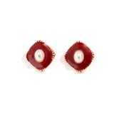 Red Enamel & Pearl 18k Gold-Plated Rhombus Stud Earrings