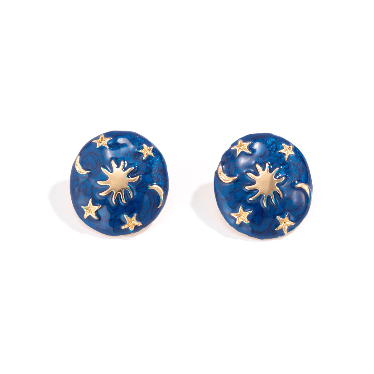 Blue Enamel and 18K Gold-Plated Celestial Oval Stud Earrings, gold stud earrings for women, elegant gift for her, side view