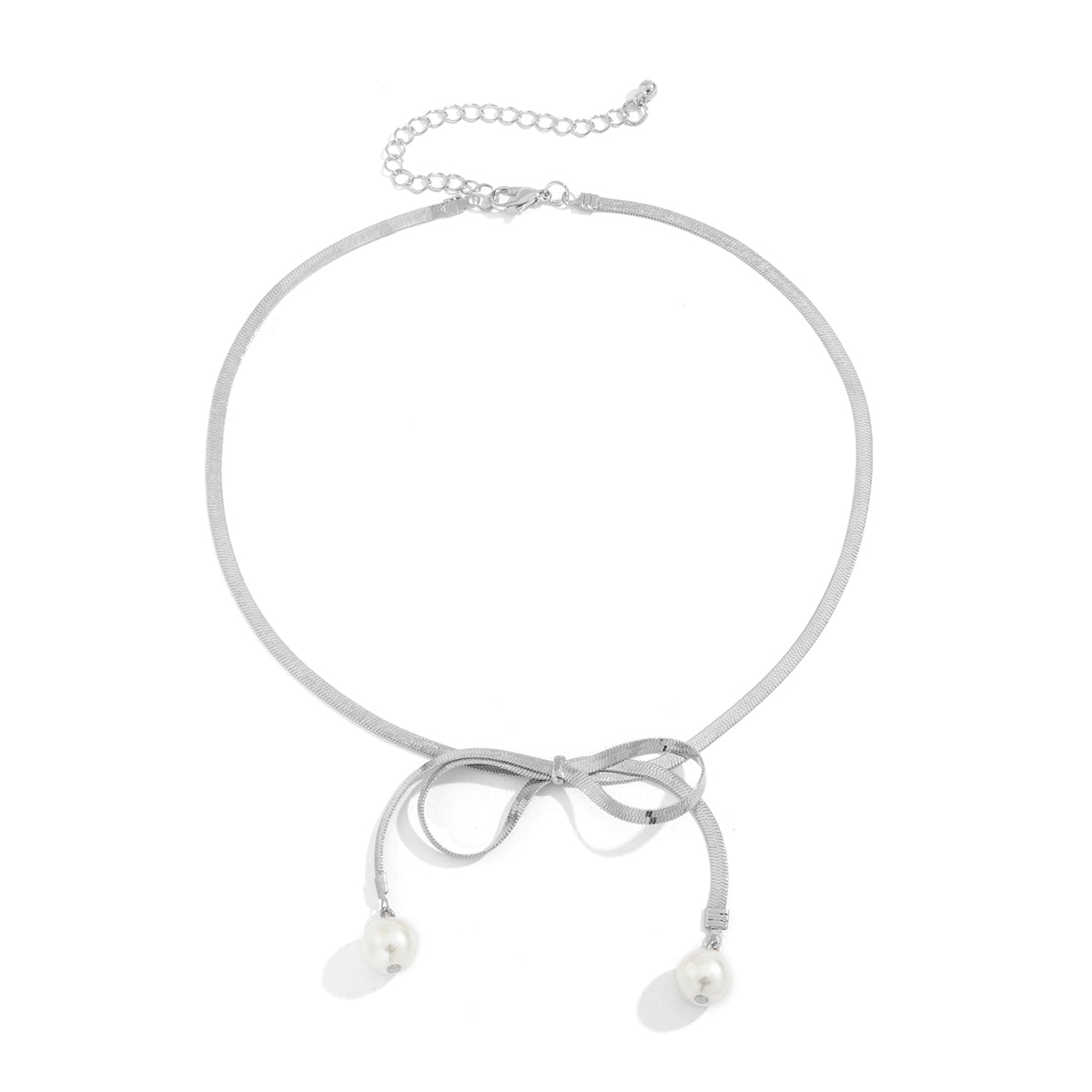 Silver-Plated and Pearl Bow Choker Necklace, silver pendant necklace for women, everyday style, side view