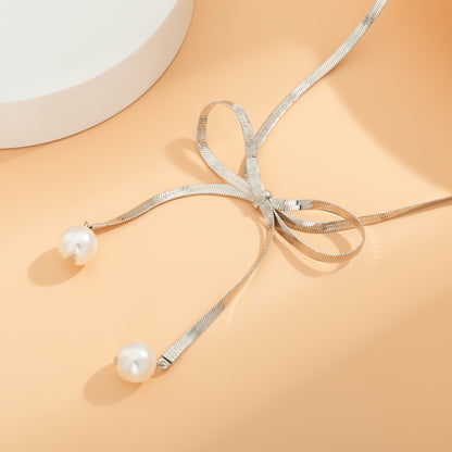 Silver-Plated and Pearl Bow Choker Necklace, silver pendant necklace for women, everyday style, styled look
