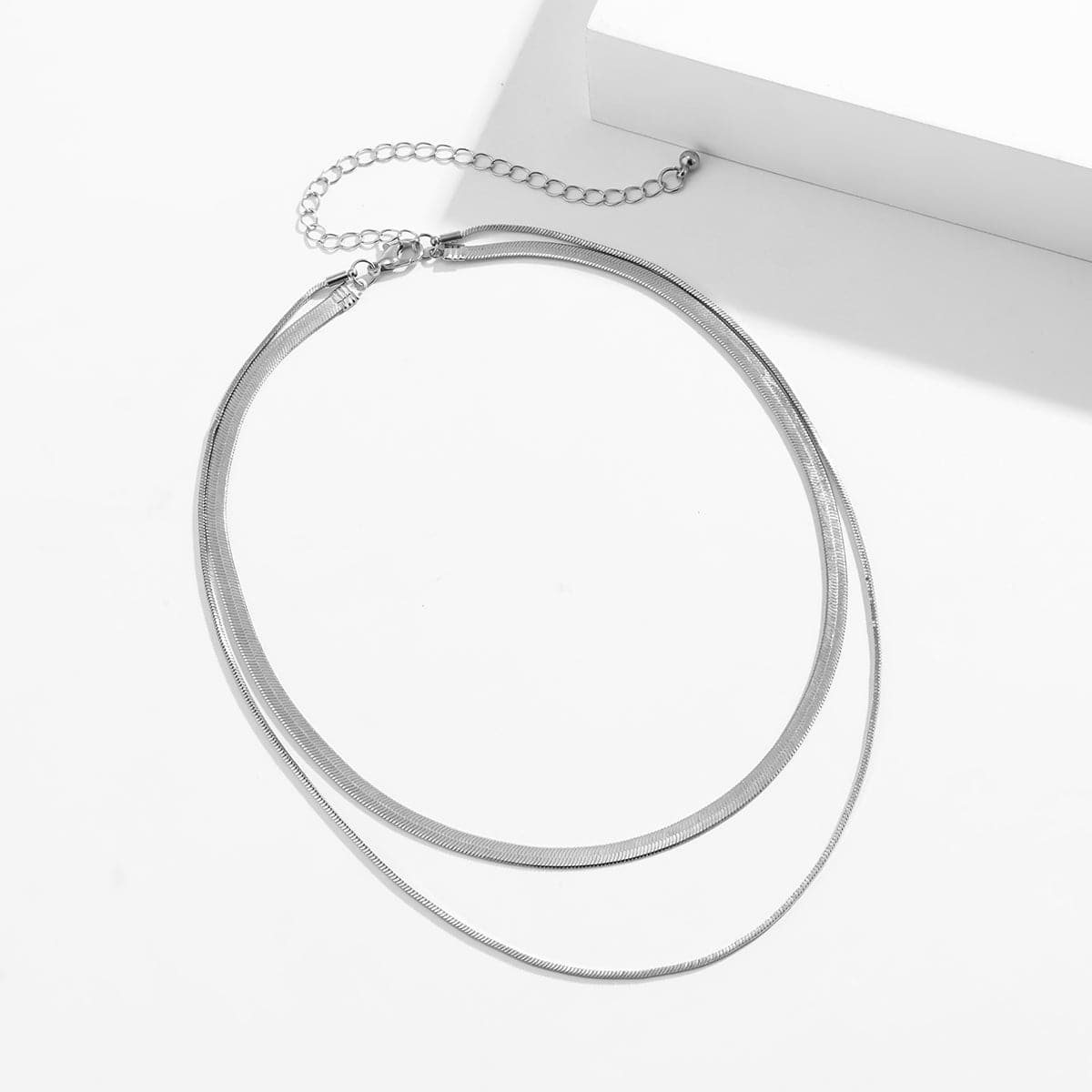 Silver-Plated Herringbone Chain Double Layered Choker Necklace
