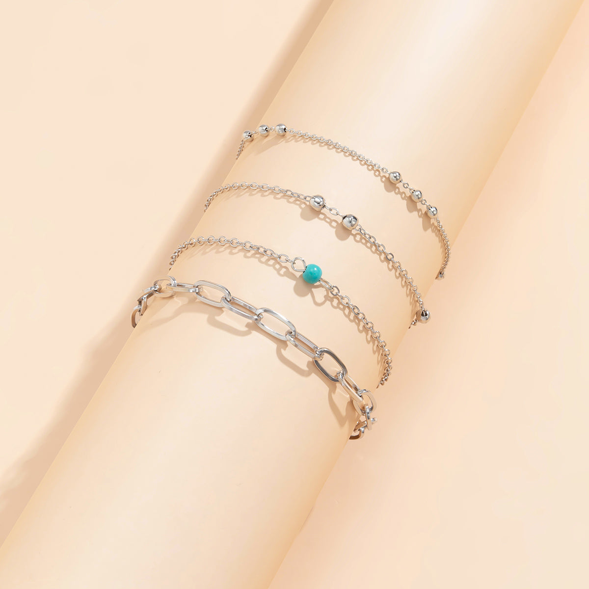 Turquoise & Silver-Plated Anklet Set