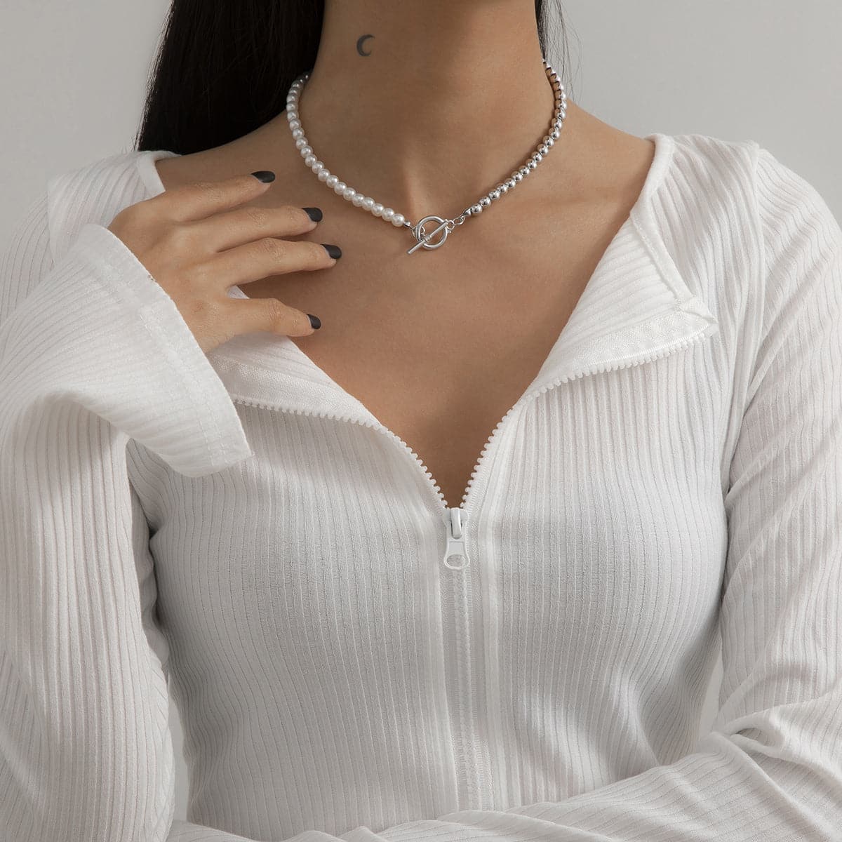 Pearl and Silver-Plated Half Bead Chain Toggle Necklace, silver pendant necklace for women, side view
