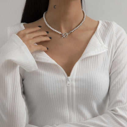 Pearl and Silver-Plated Half Bead Chain Toggle Necklace, silver pendant necklace for women, side view