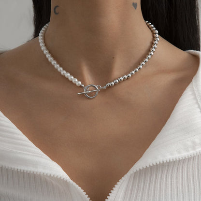 Pearl and Silver-Plated Half Bead Chain Toggle Necklace, silver pendant necklace for women, front view