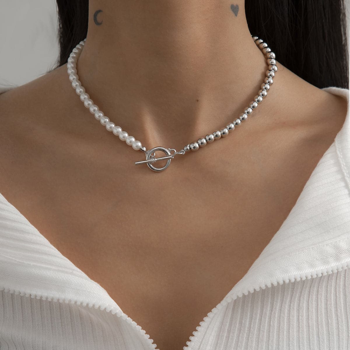 Pearl & Silver-Plated Half Bead Chain Toggle Necklace