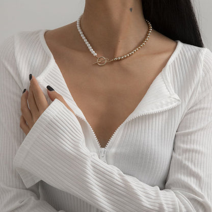 Pearl and 18K Gold-Plated Half Bead Chain Toggle Necklace, gold pendant necklace for women, everyday style, side view