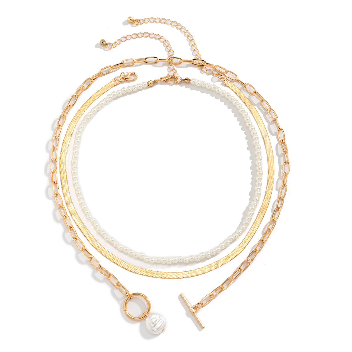 Pearl and 18K Gold-Plated Snake Chain Toggle Necklace Set, jewelry gift sets for women, vintage-inspired design, side view