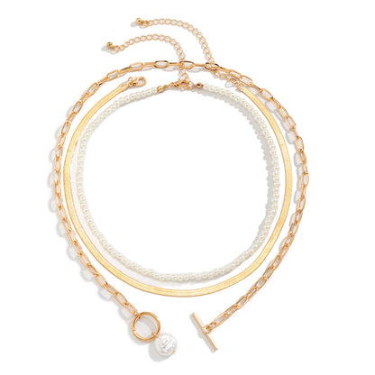 Pearl and 18K Gold-Plated Snake Chain Toggle Necklace Set, jewelry gift sets for women, vintage-inspired design, side view